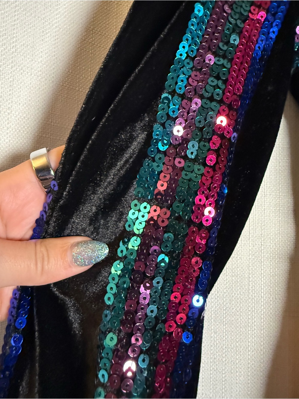 Venus Black Velvet Blue Pink Purple Sequin Tuxedo Style Long Sleeve Dress Size 2 - Picture 8 of 12